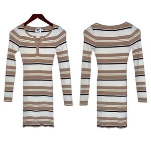 Princess Polly ribbed long sleeve Henley mini sweater dress striped tan XS small